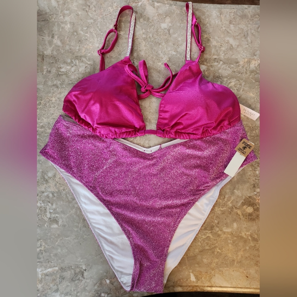XXL VS PINK Swim Shine Strap Triangle Shimmer High Waist Bikini Set